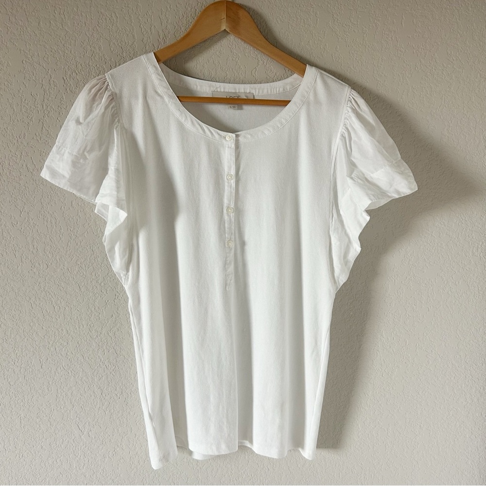 LOFT Women's Ruffle Short Sleeve Henley Knit Top White Size XL